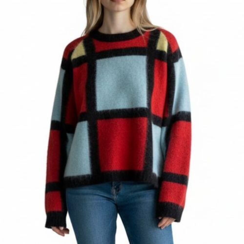 NEW Kier + J Mohair Wool Blend Color Block Sweater Women Medium Red Blue